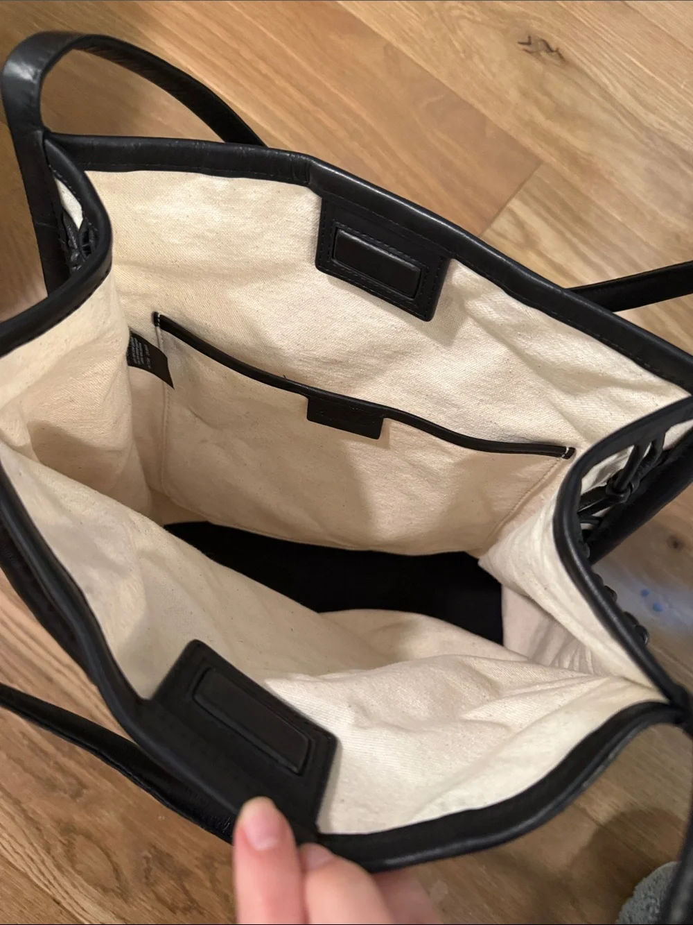 Madewell Black Knotted Leather Net Tote over Cream Canvas